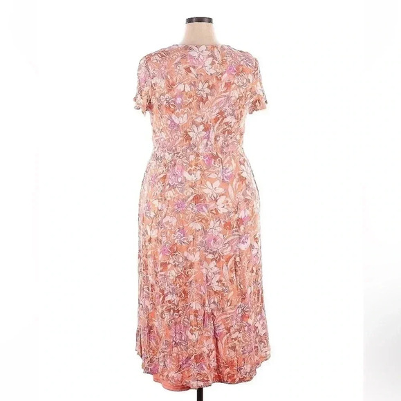 Torrid Lace Up Tea Length Dress Crinkle Floral Coral Plus Size 2X Midi Dress - Picture 5 of 6